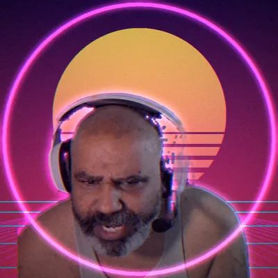 KONTRAV3RSI channel art: a portrait wearing a headset in front of a striped neon sunset and grid, inside a glowing pink ring.